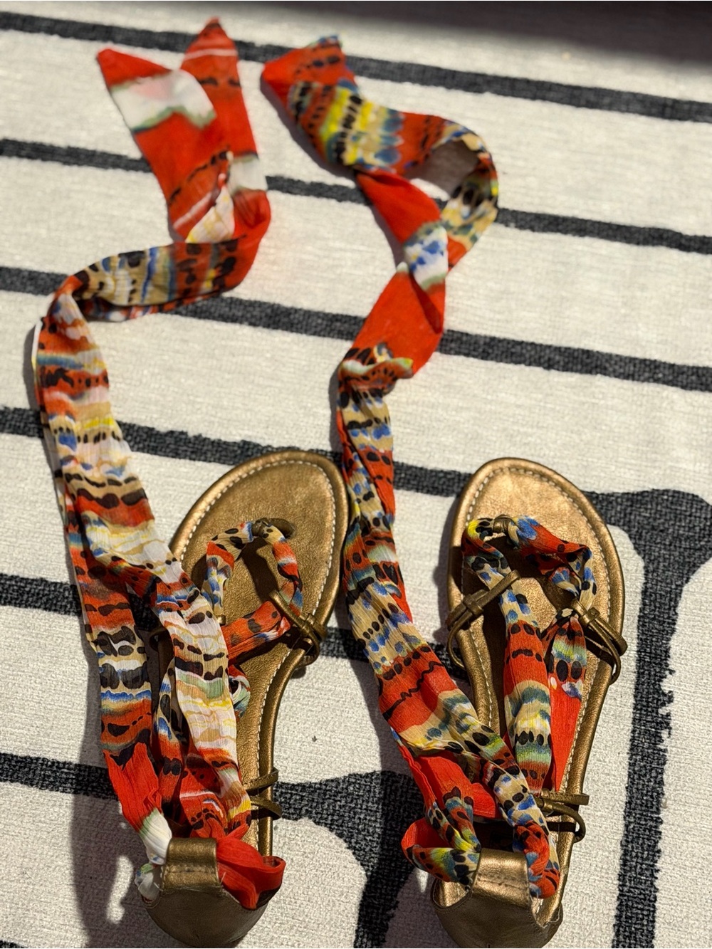 Gold Sandal with Red Multicolor Scarf Accent - Women's Fashion Accessory